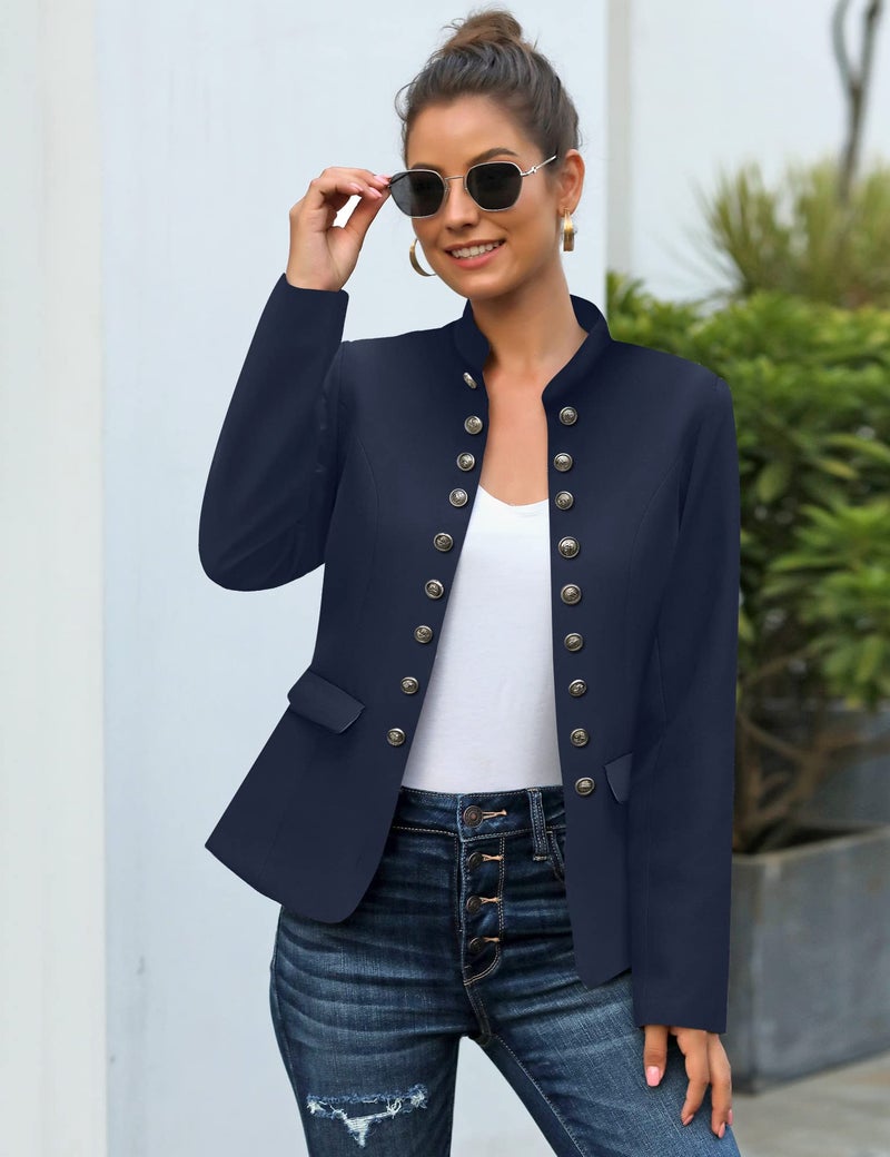 GRAPENT Women's Business Casual Buttons Pockets Open Front Blazer Suit Cardigan Outerwear Navy Blue Small (Fits US 4-US 6) - Image 4